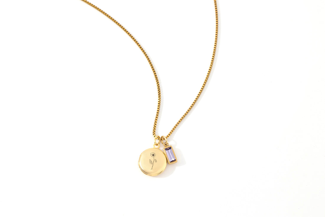 Family Birth Flower Locket Necklace with Birthstone