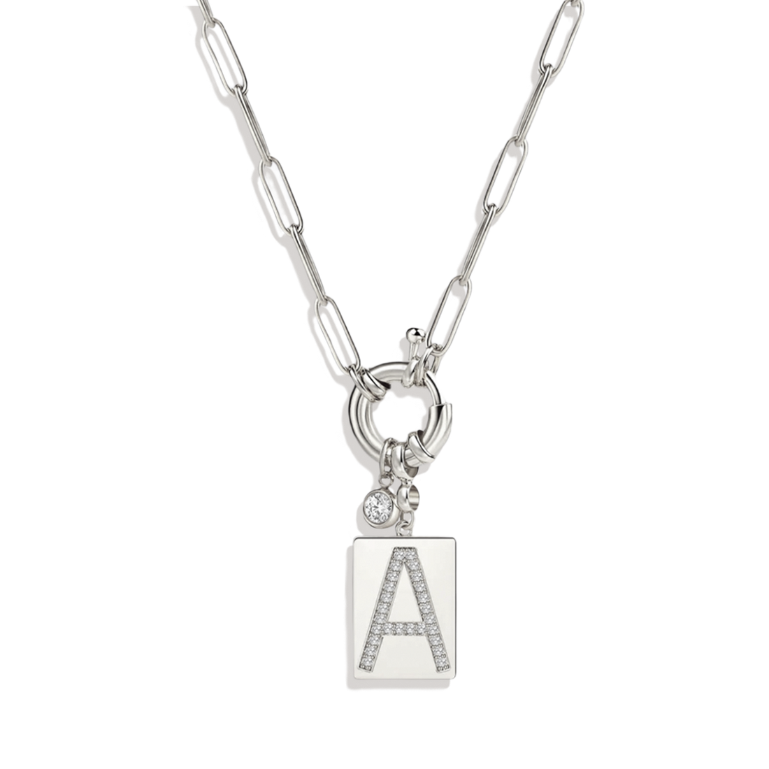 Pave Initial Pendant Necklace with Paperclip Chain